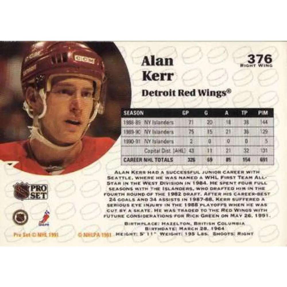 1991-92 Pro Set #376 Alan Kerr NM-MT Detroit Red Wings Hockey Card Image 2