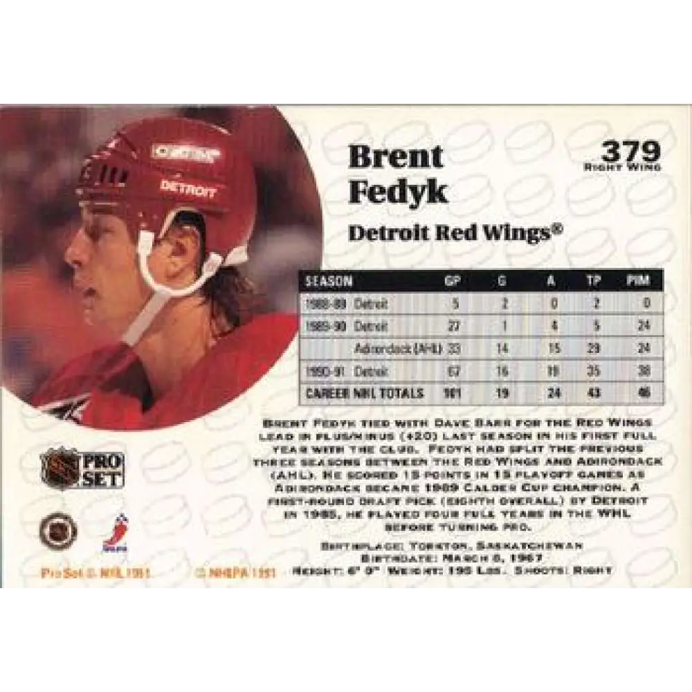 1991-92 Pro Set #379 Brent Fedyk NM-MT Detroit Red Wings Hockey Card Image 2