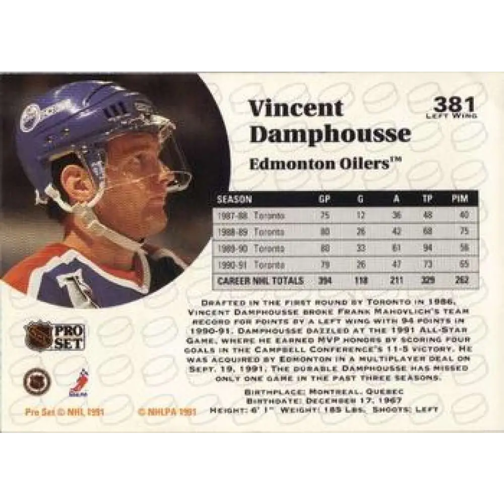 1991-92 Pro Set #381 Vincent Damphousse NM-MT Edmonton Oilers Hockey Card Image 2