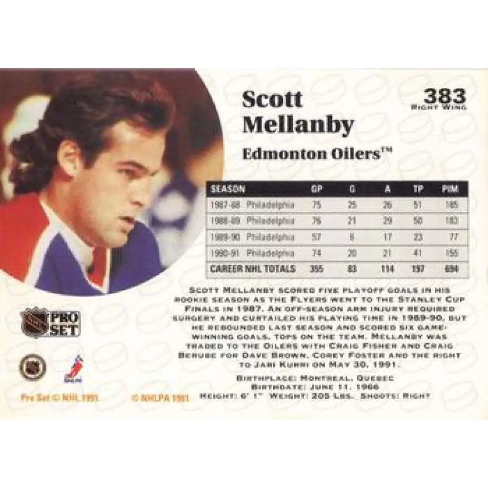 1991-92 Pro Set #383 Scott Mellanby NM-MT Edmonton Oilers Hockey Card Image 2