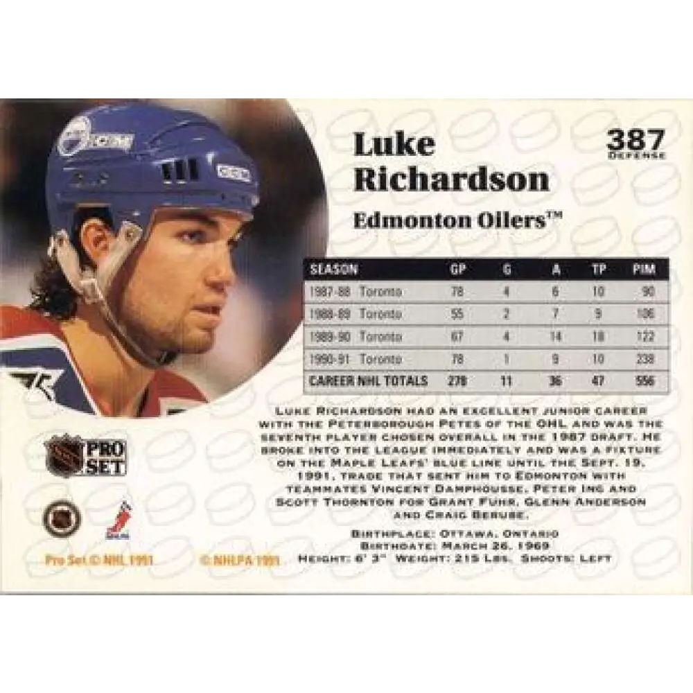 1991-92 Pro Set #387 Luke Richardson NM-MT Edmonton Oilers Hockey Card Image 2