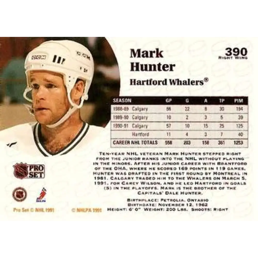 1991-92 Pro Set #390 Mark Hunter NM-MT Hartford Whalers Hockey Card Image 2