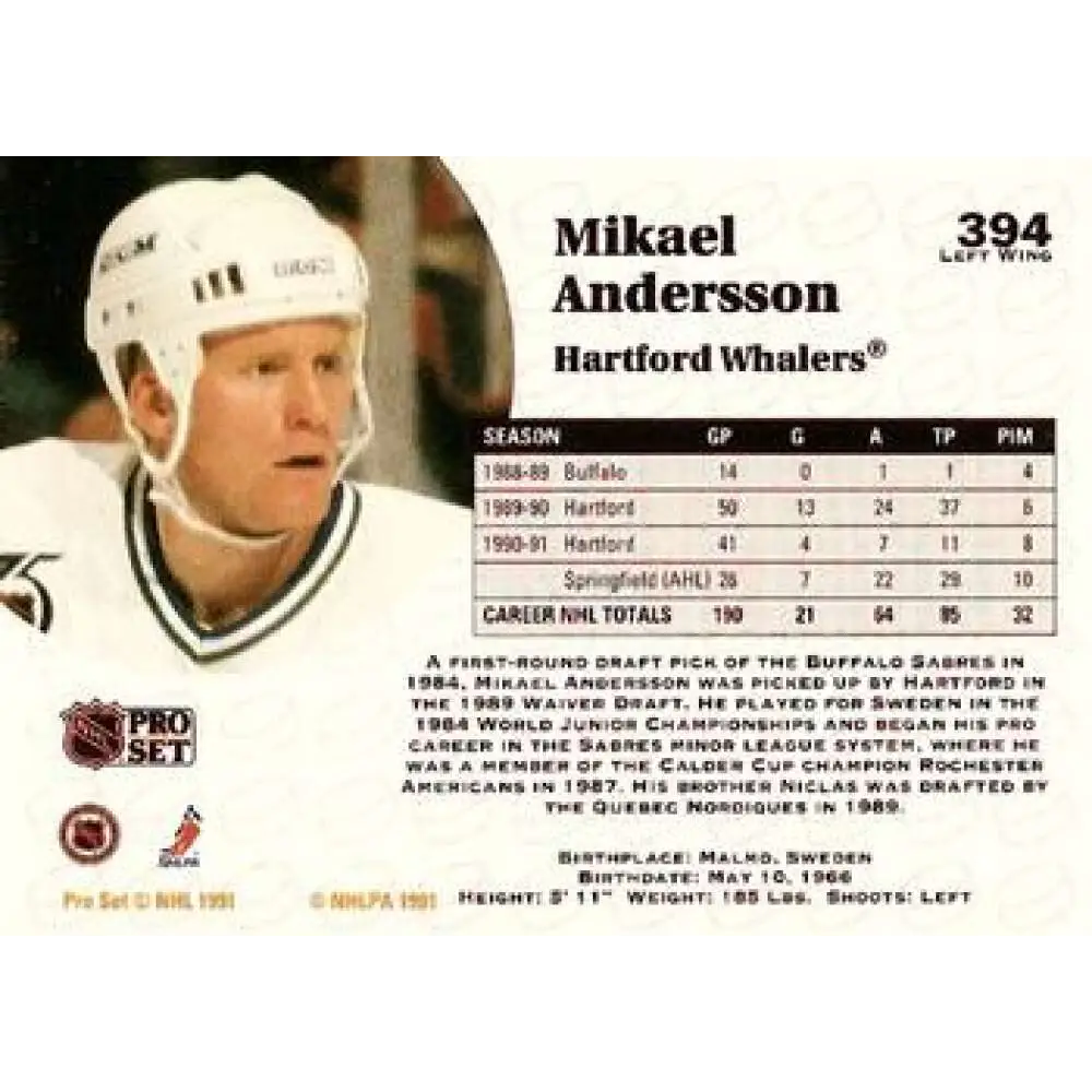 1991-92 Pro Set #394 Mikael Andersson NM-MT Hartford Whalers Hockey Card Image 2