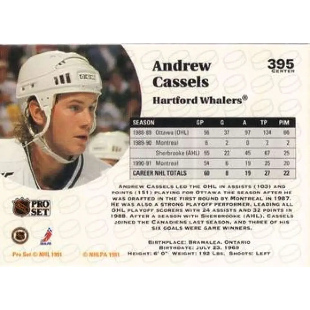 1991-92 Pro Set #395 Andrew Cassels NM-MT Hartford Whalers Hockey Card Image 2