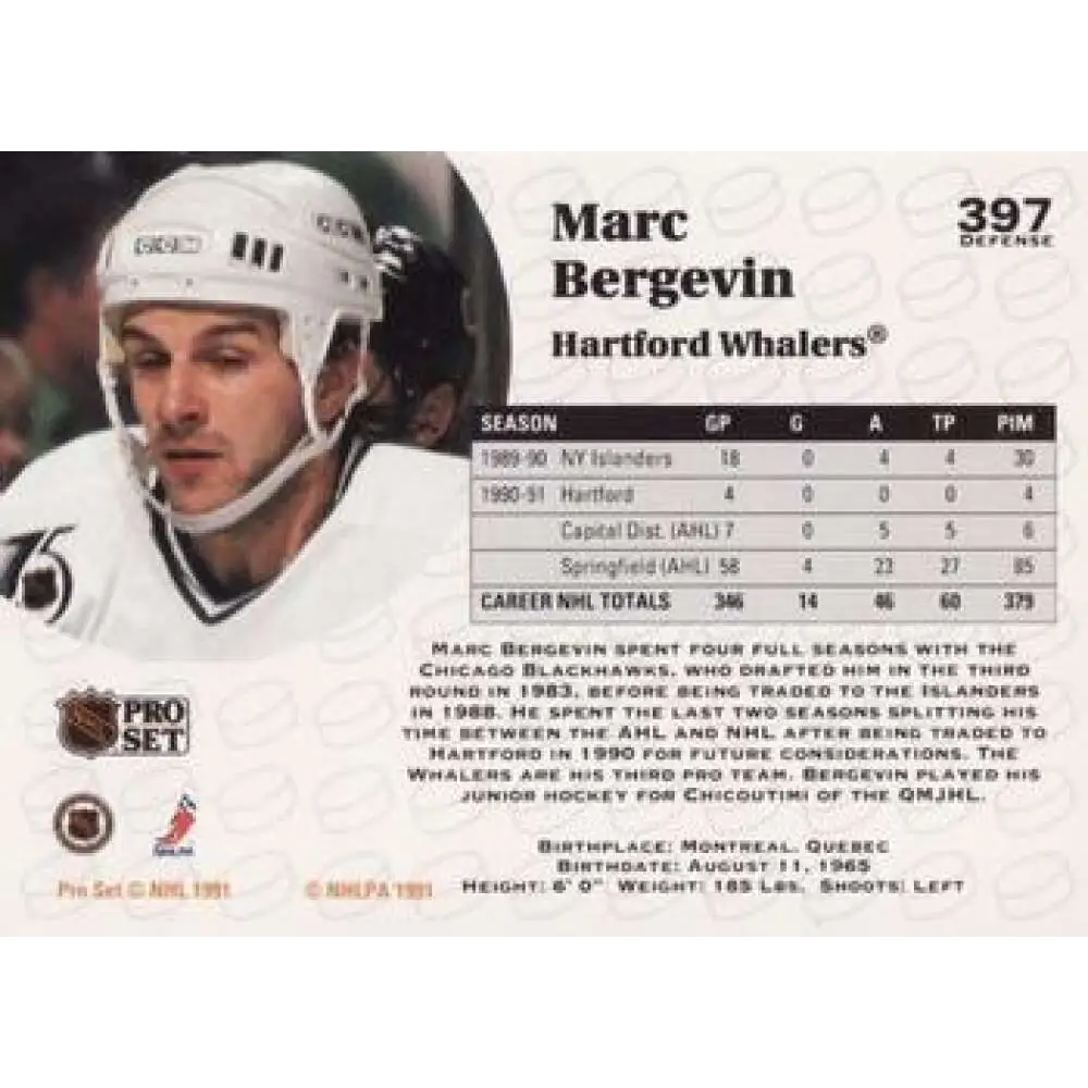 1991-92 Pro Set #397 Marc Bergevin NM-MT Hartford Whalers Hockey Card Image 2