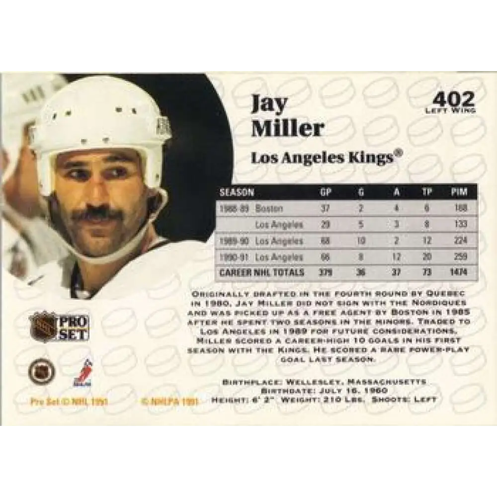 1991-92 Pro Set #402 Jay Miller NM-MT Los Angeles Kings Hockey Card Image 2