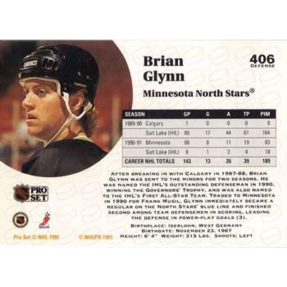 1991-92 Pro Set #406 Brian Glynn NM-MT Minnesota North Stars Hockey Card Image 2