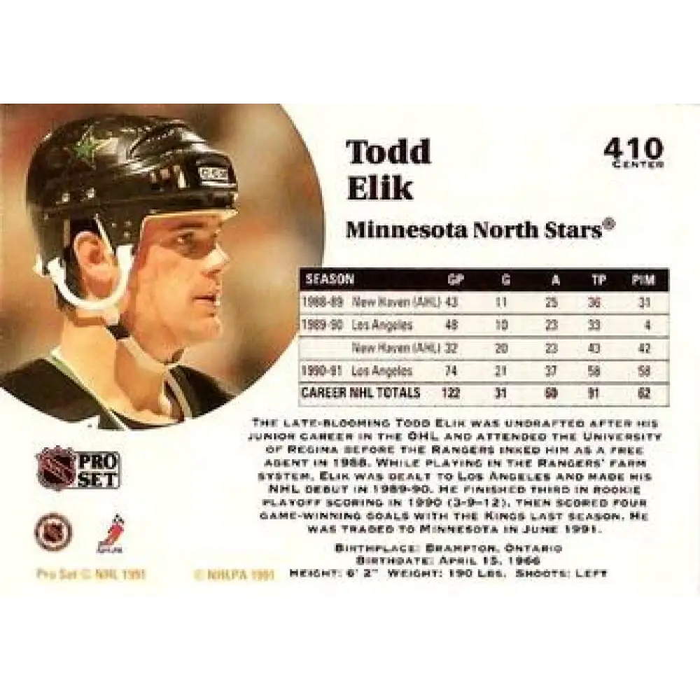 1991-92 Pro Set #410 Todd Elik NM-MT Minnesota North Stars Hockey Card Image 2
