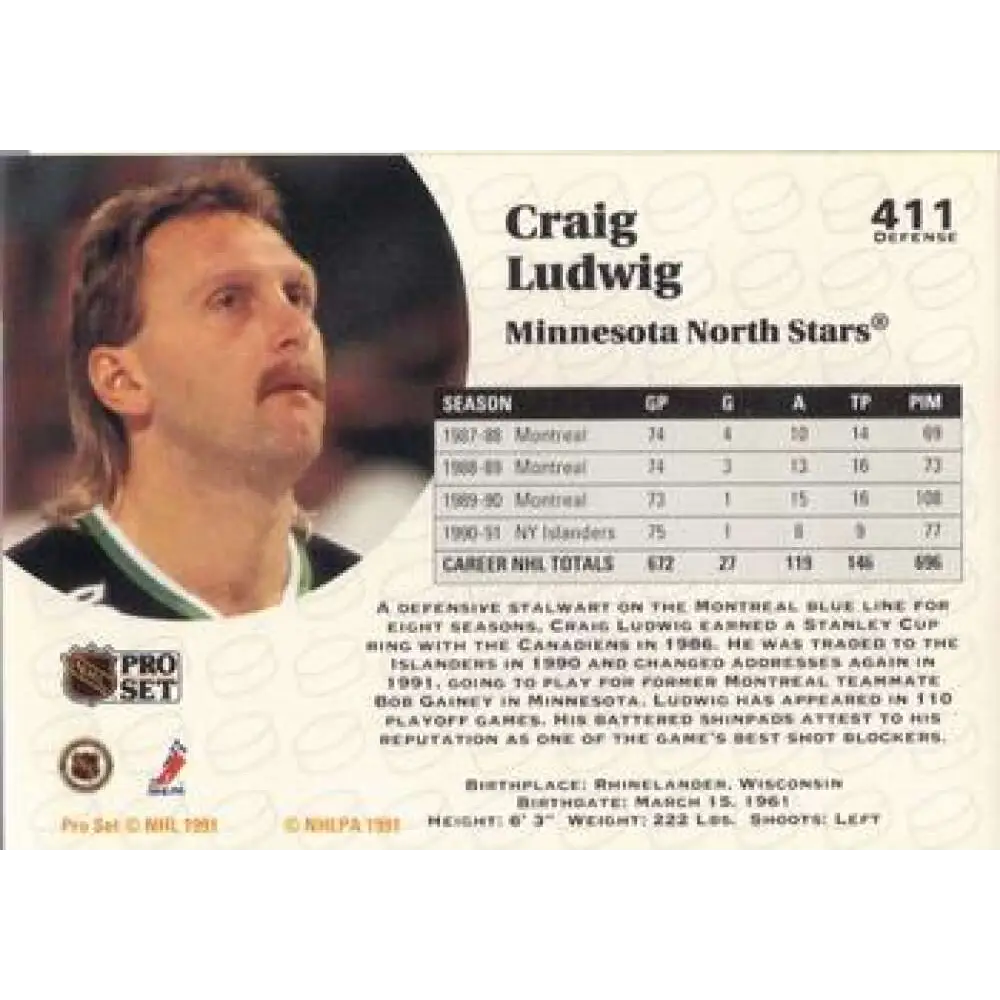 1991-92 Pro Set #411 Craig Ludwig NM-MT Minnesota North Stars Hockey Card Image 2