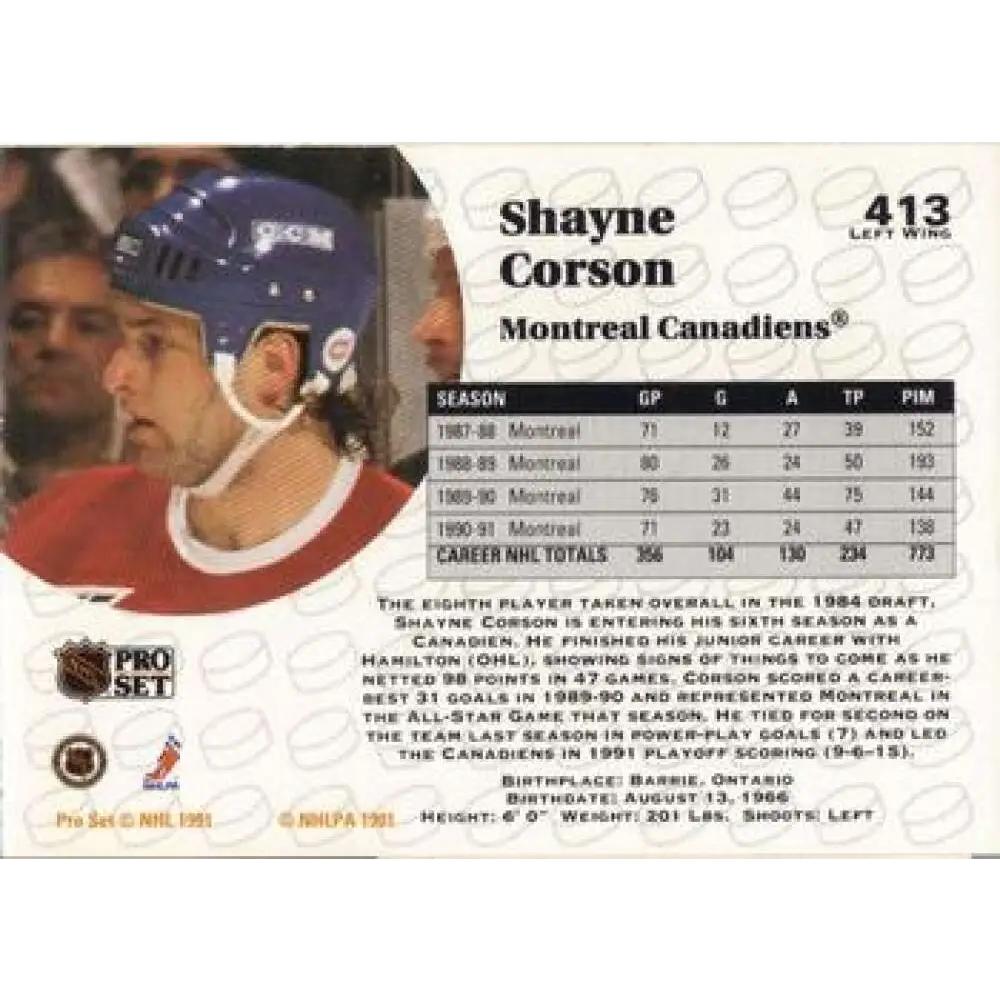 1991-92 Pro Set #413 Shayne Corson NM-MT Montreal Canadiens Hockey Card Image 2
