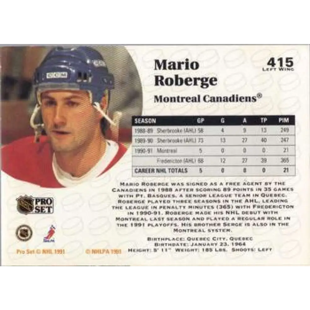 1991-92 Pro Set #415 Mario Roberge NM-MT Montreal Canadiens Hockey Card Image 2