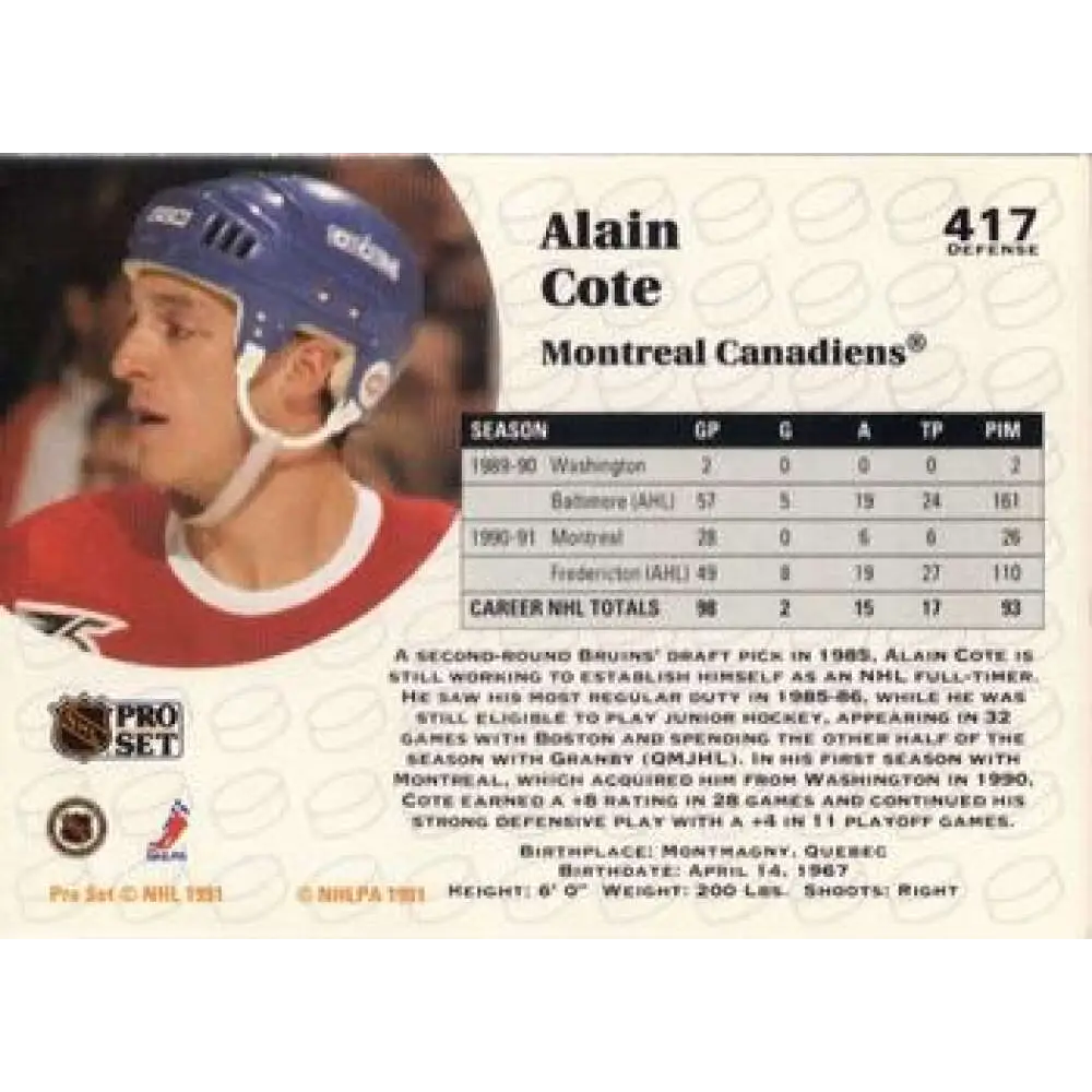 1991-92 Pro Set #417 Alain Cote NM-MT Montreal Canadiens Hockey Card Image 2