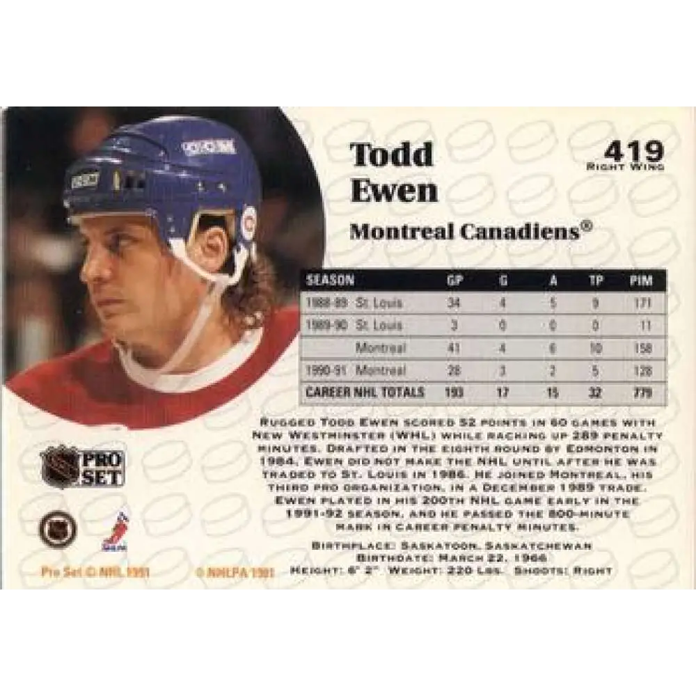 1991-92 Pro Set #419 Todd Ewen NM-MT Montreal Canadiens Hockey Card Image 2