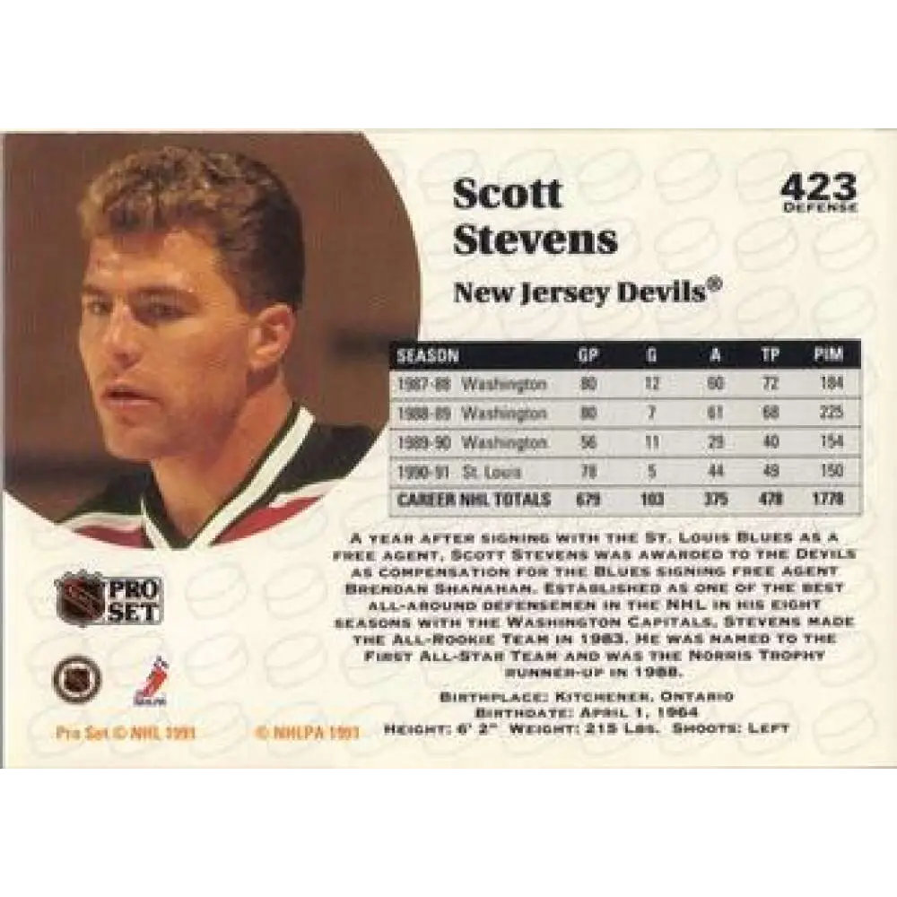 1991-92 Pro Set #423 Scott Stevens NM-MT New Jersey Devils Hockey Card Image 2