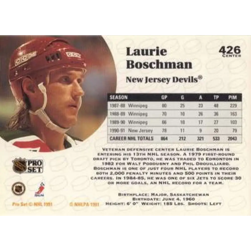 1991-92 Pro Set #426 Laurie Boschman NM-MT New Jersey Devils Hockey Card Image 2