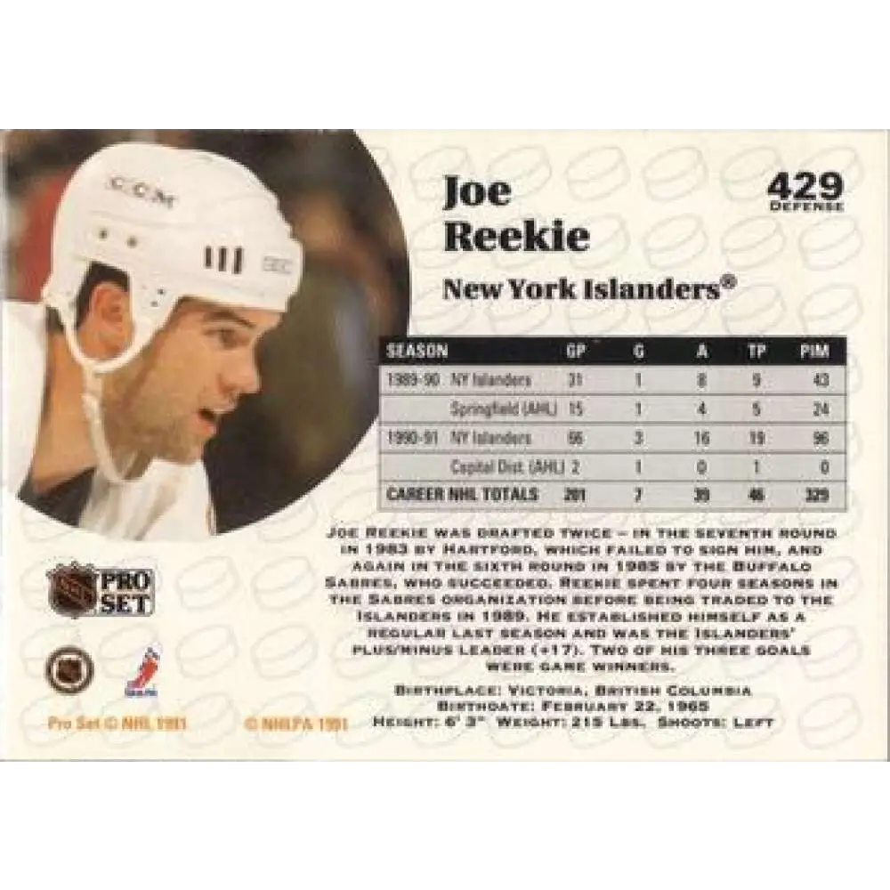 1991-92 Pro Set #429 Joe Reekie NM-MT New York Islanders Hockey Card Image 2