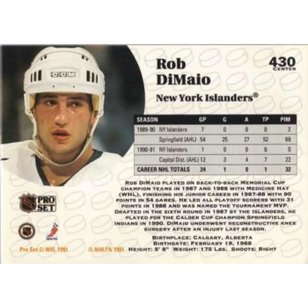 1991-92 Pro Set #430 Rob DiMaio NM-MT New York Islanders Hockey Card Image 2