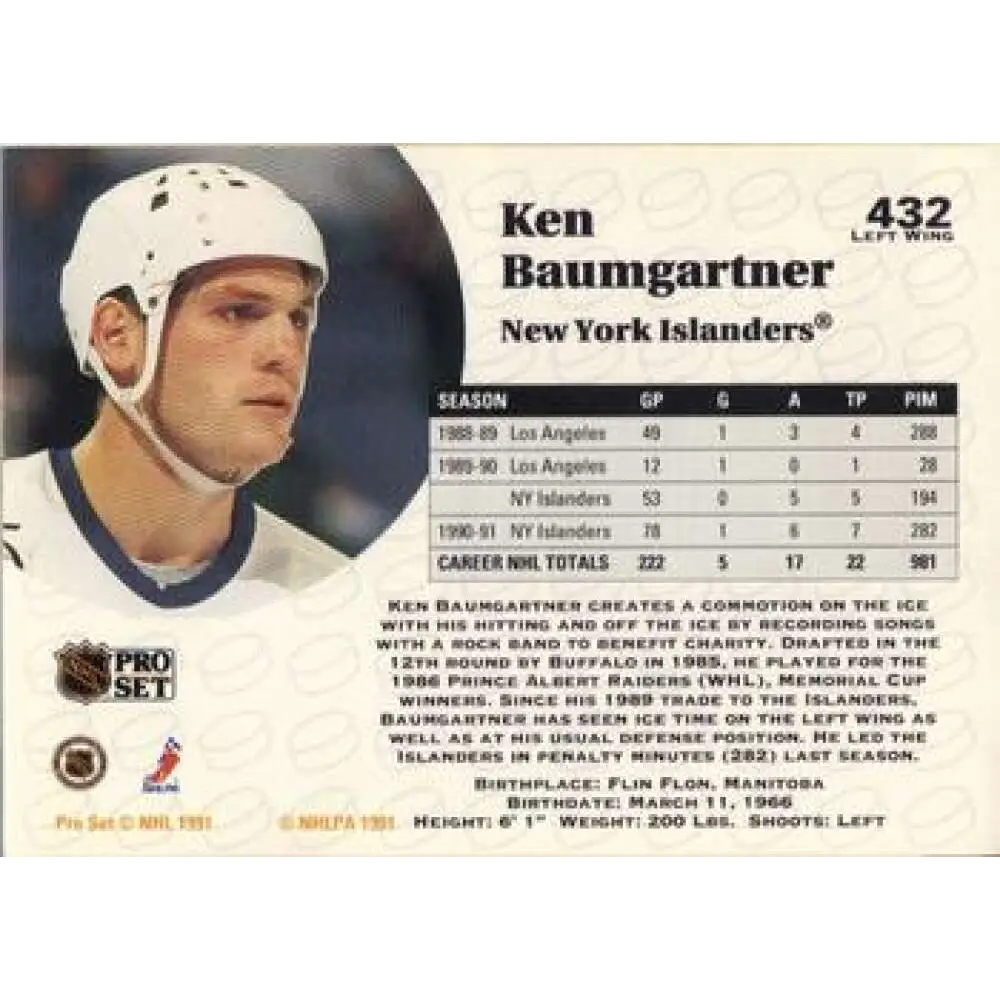 1991-92 Pro Set #432 Ken Baumgartner NM-MT New York Islanders Hockey Card Image 2