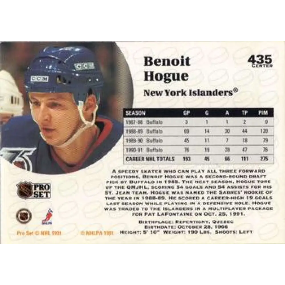 1991-92 Pro Set #435 Benoit Hogue NM-MT New York Islanders Hockey Card Image 2