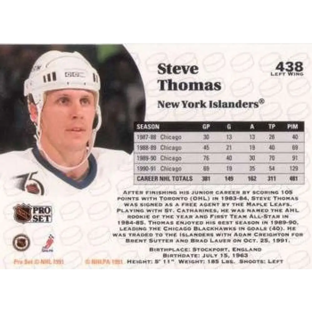 1991-92 Pro Set #438 Steve Thomas NM-MT New York Islanders Hockey Card Image 2