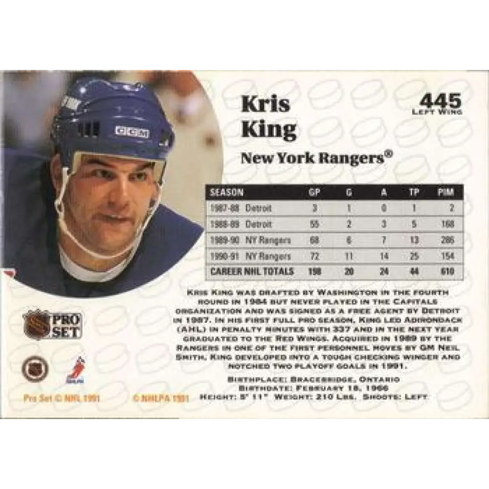 1991-92 Pro Set #445 Kris King NM-MT New York Rangers Hockey Card Image 2