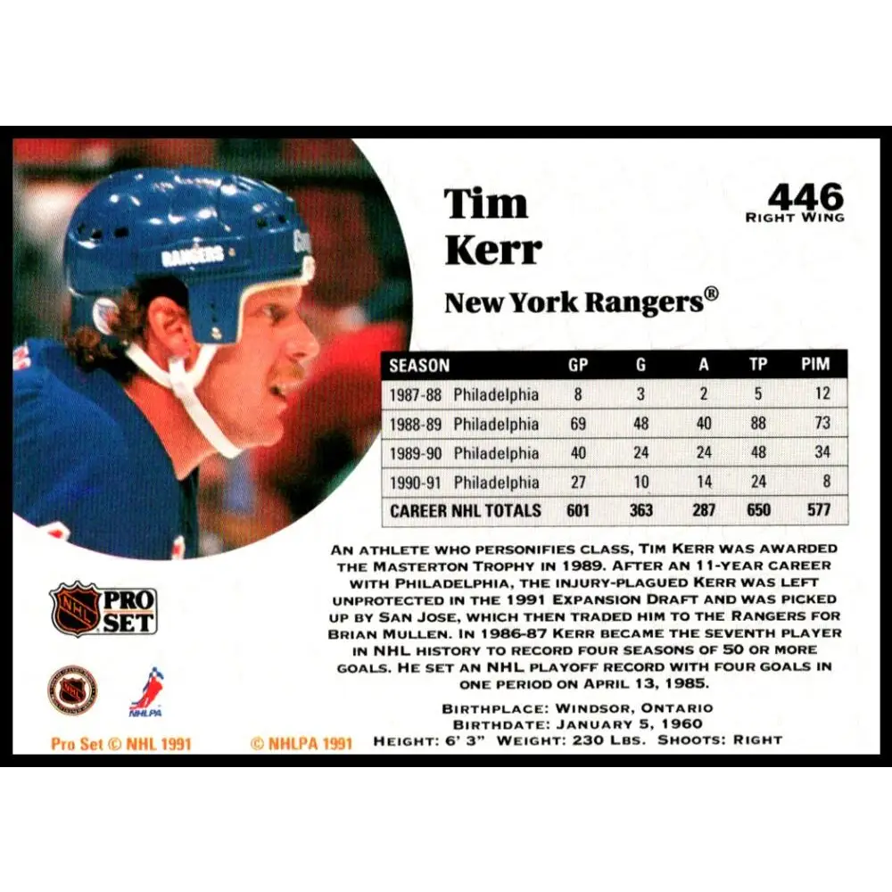 1991-92 Pro Set #446 Tim Kerr NM-MT New York Rangers Hockey Card Image 2