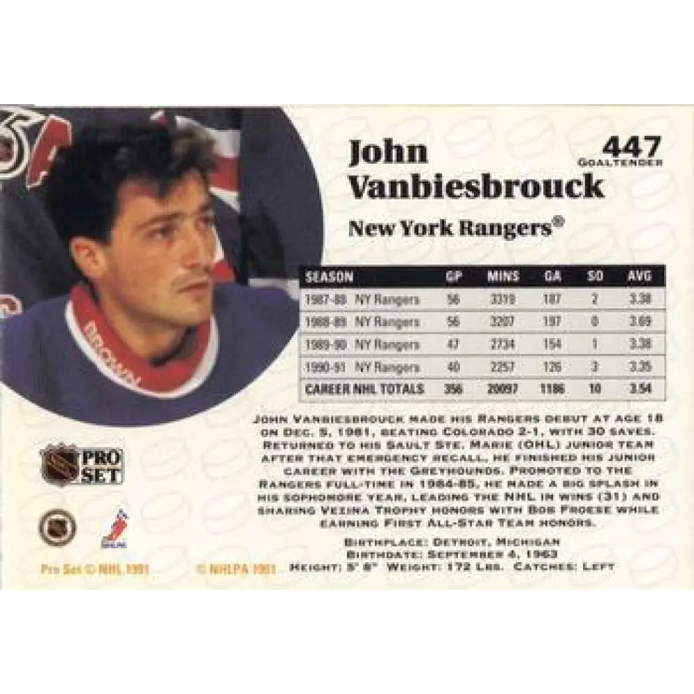 1991-92 Pro Set #447 John Vanbiesbrouck NM-MT New York Rangers Hockey Card Image 2