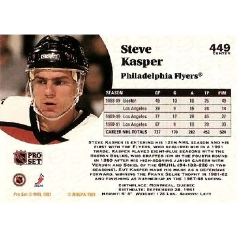 1991-92 Pro Set #449 Steve Kasper NM-MT Philadelphia Flyers Hockey Card Image 2