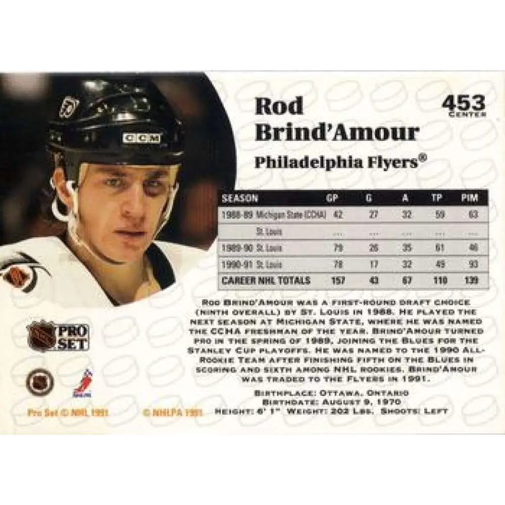 1991-92 Pro Set #453 Rod Brind'Amour NM-MT Philadelphia Flyers Hockey Card Image 2