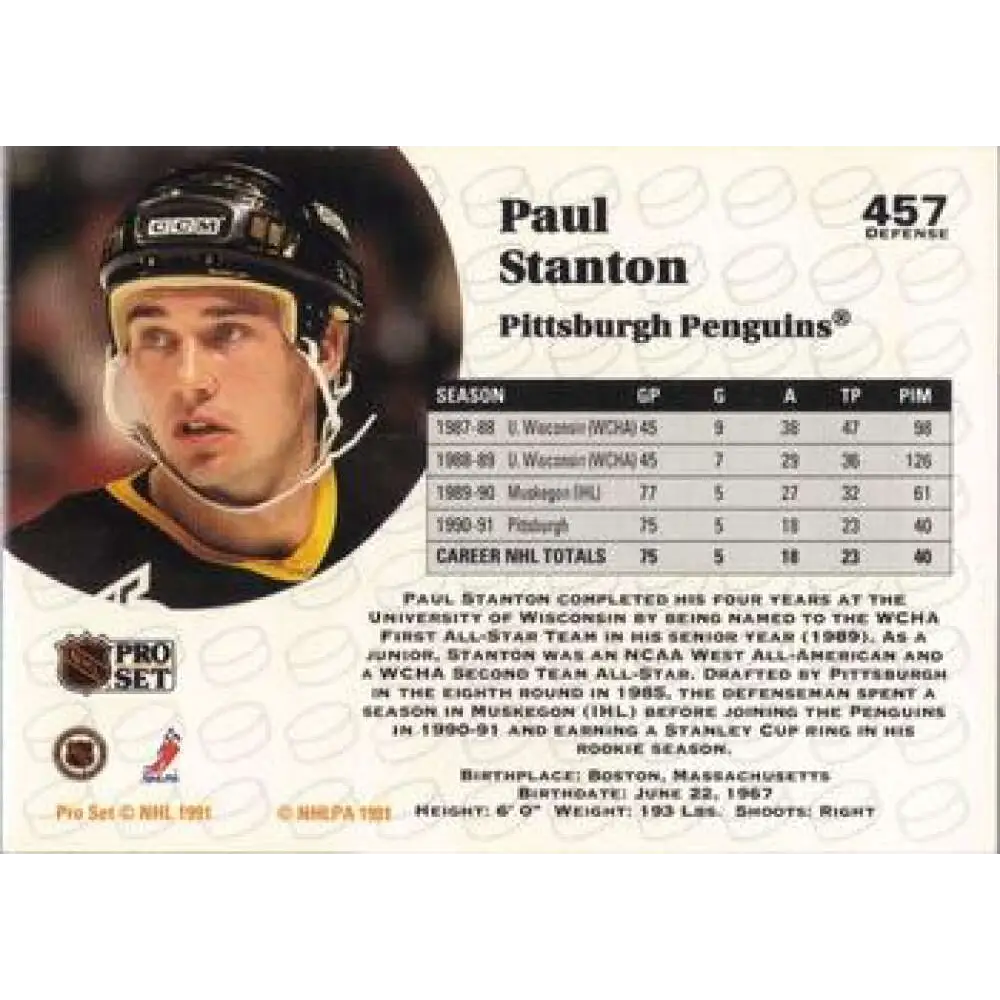 1991-92 Pro Set #457 Paul Stanton NM-MT Pittsburgh Penguins Hockey Card Image 2