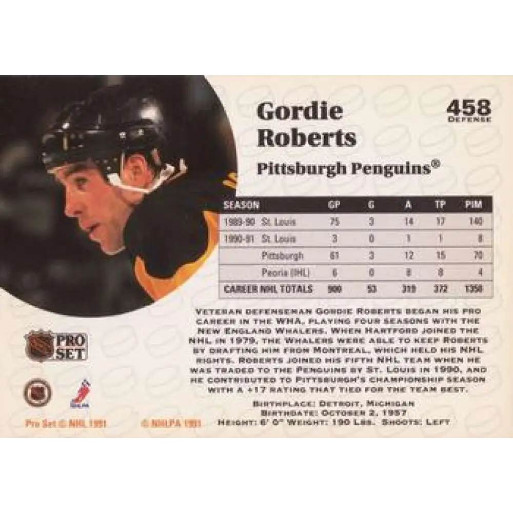 1991-92 Pro Set #458 Gordie Roberts NM-MT Pittsburgh Penguins Hockey Card Image 2