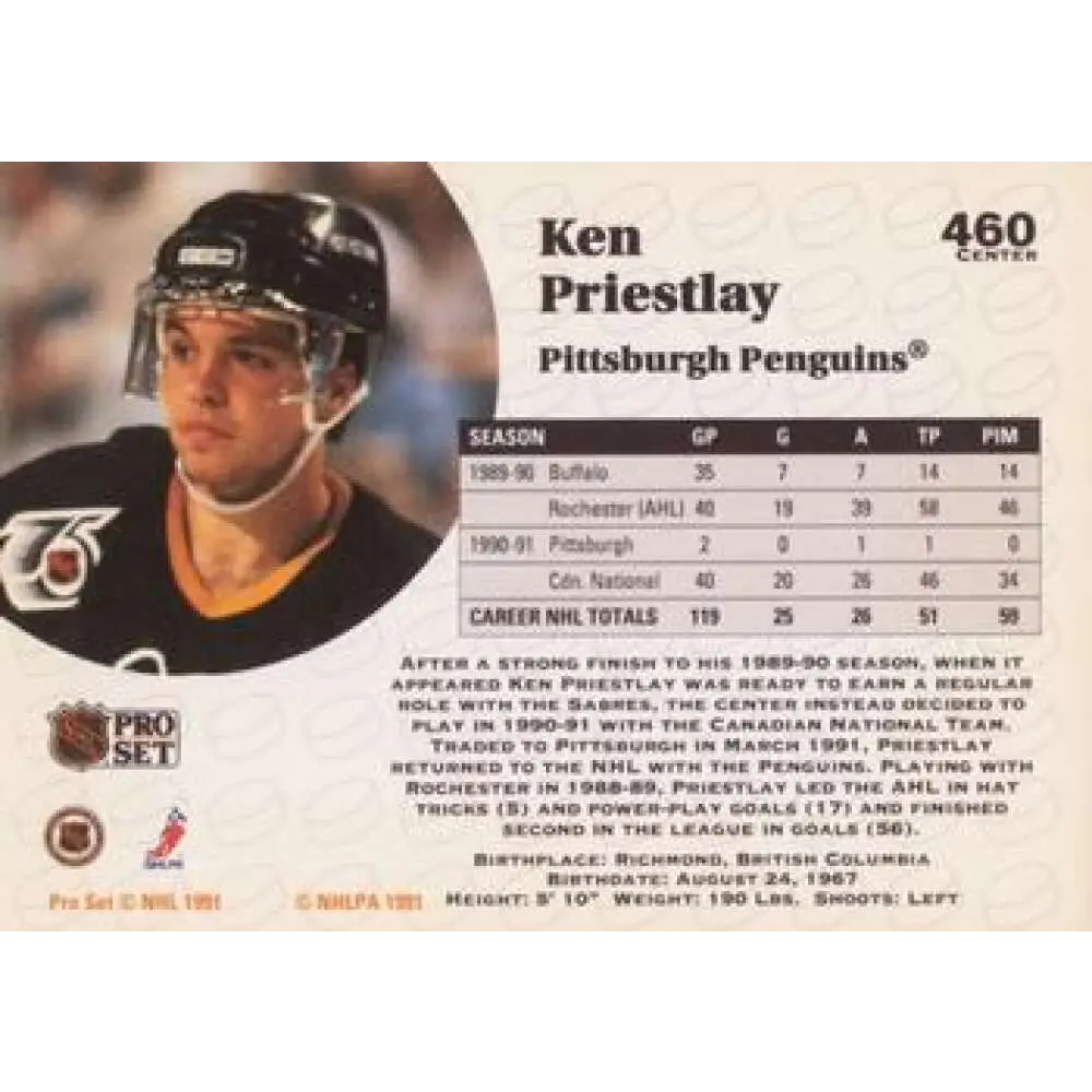 1991-92 Pro Set #460 Ken Priestlay NM-MT Pittsburgh Penguins Hockey Card Image 2