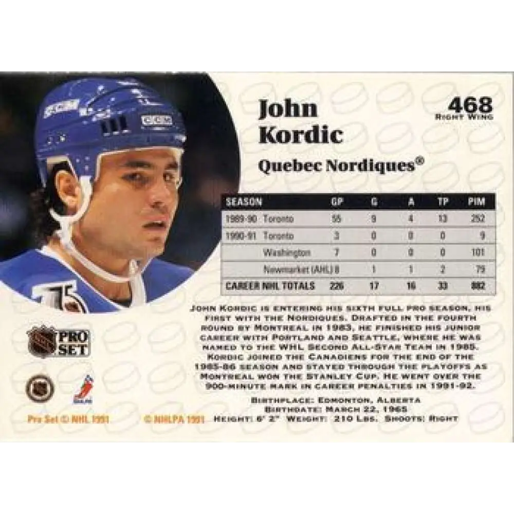 1991-92 Pro Set #468 John Kordic NM-MT Quebec Nordiques Hockey Card Image 2