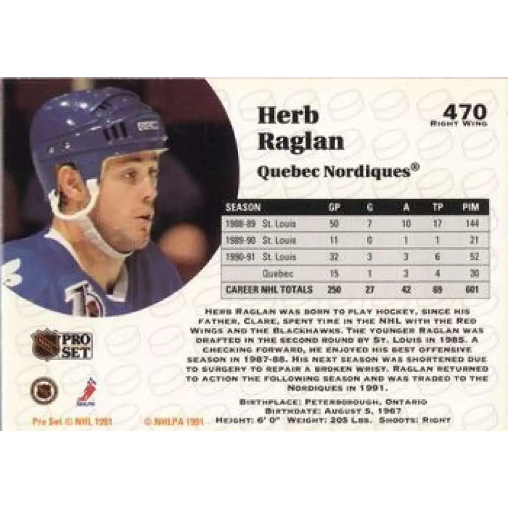 1991-92 Pro Set #470 Herb Raglan NM-MT Quebec Nordiques Hockey Card Image 2