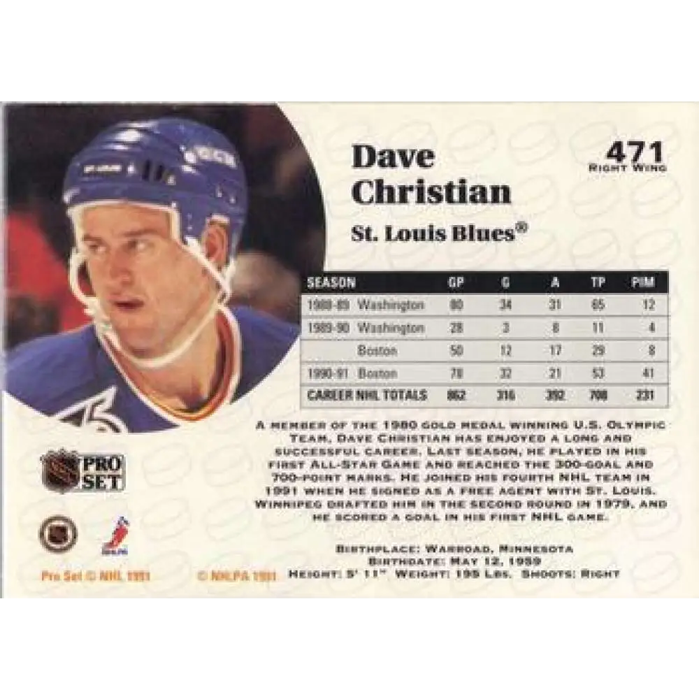 1991-92 Pro Set #471 Dave Christian NM-MT San Jose Sharks Hockey Card Image 2