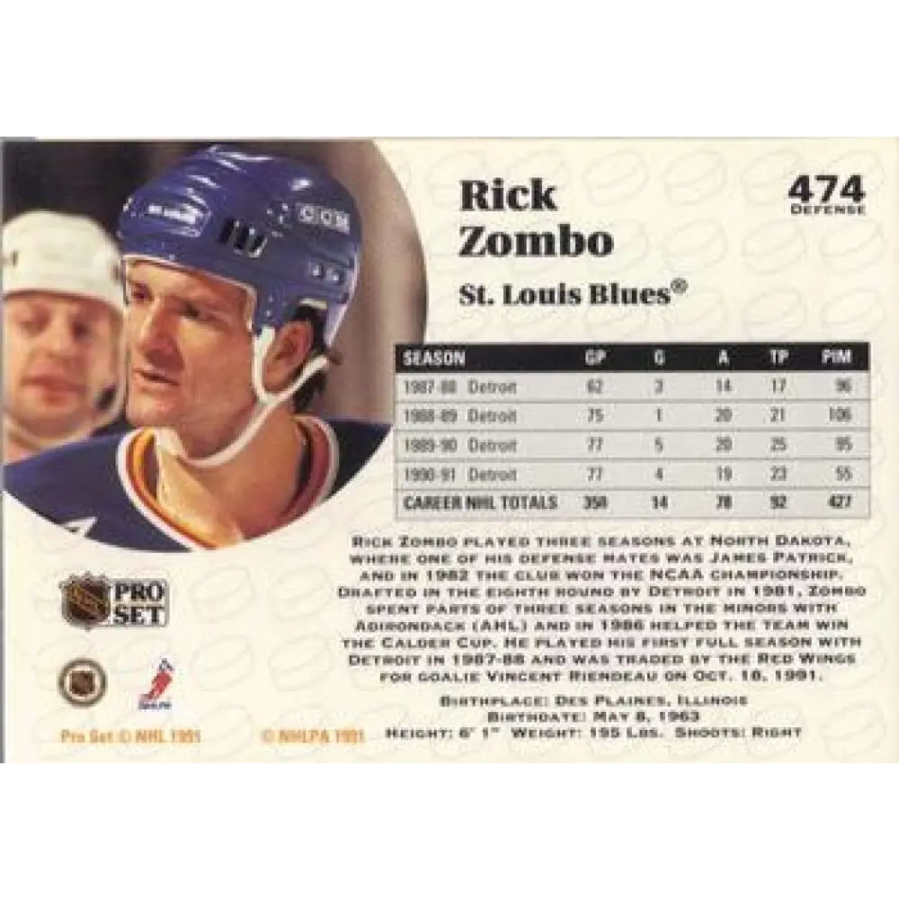 1991-92 Pro Set #474 Rick Zombo NM-MT San Jose Sharks Hockey Card Image 2