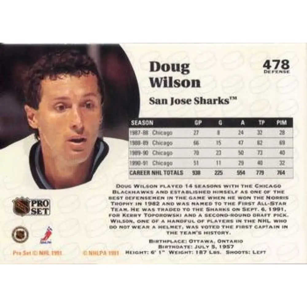 1991-92 Pro Set #478 Doug Wilson NM-MT St. Louis Blues Hockey Card Image 2