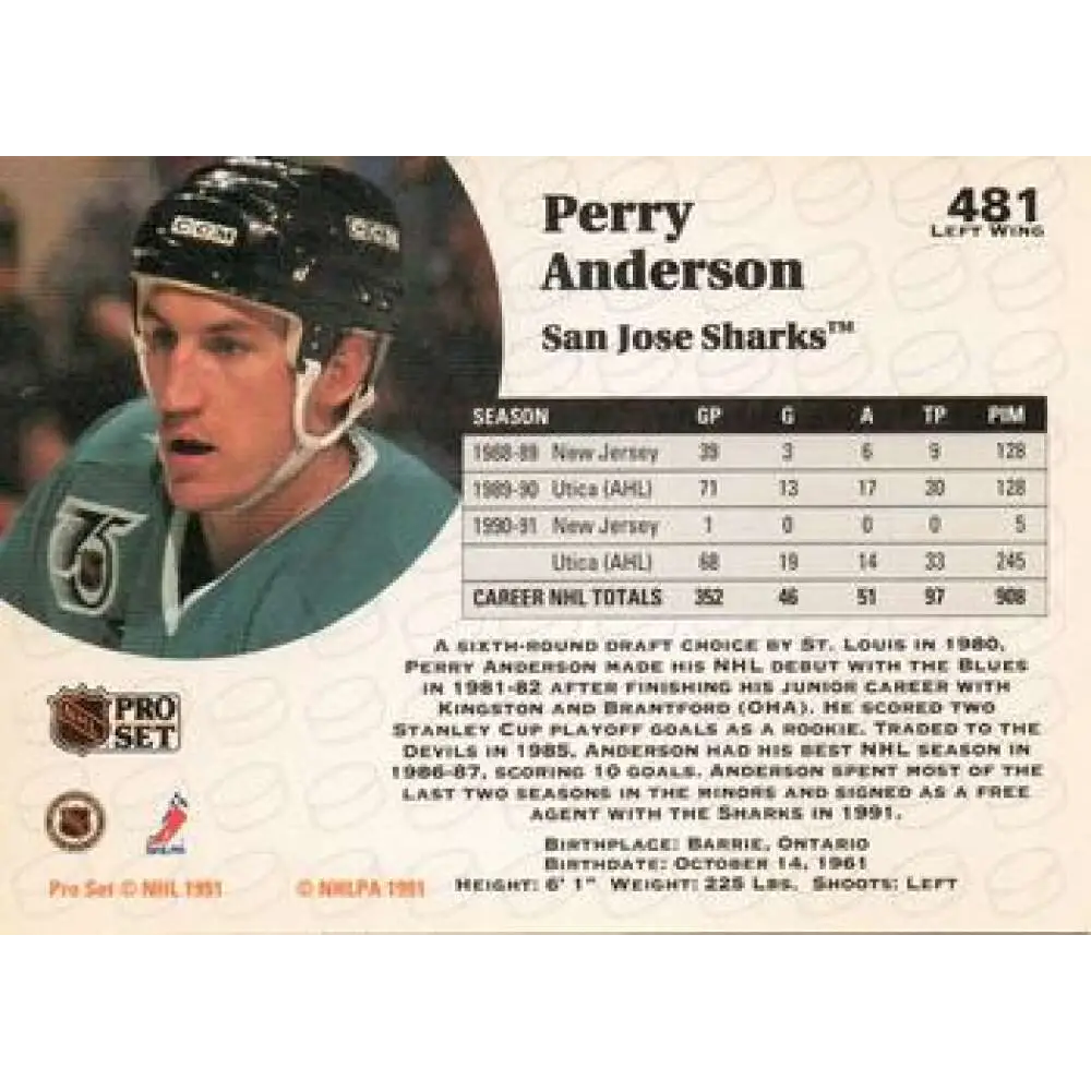 1991-92 Pro Set #481 Perry Anderson NM-MT St. Louis Blues Hockey Card Image 2