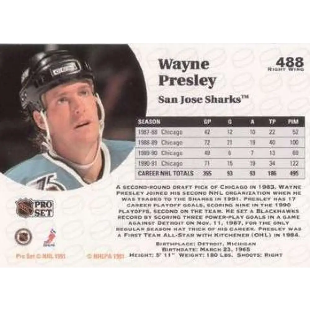 1991-92 Pro Set #488 Wayne Presley NM-MT St. Louis Blues Hockey Card Image 2