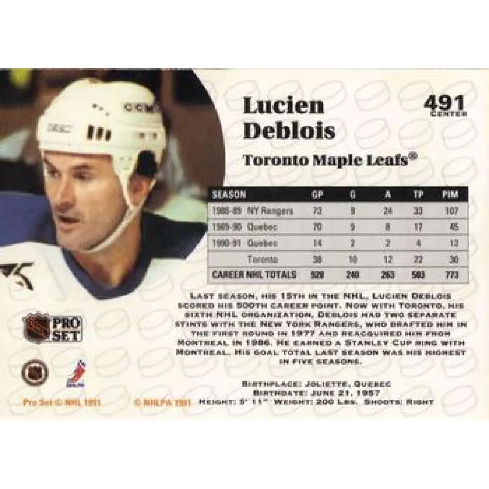 1991-92 Pro Set #491 Lucien DeBlois NM-MT Toronto Maple Leafs Hockey Card Image 2