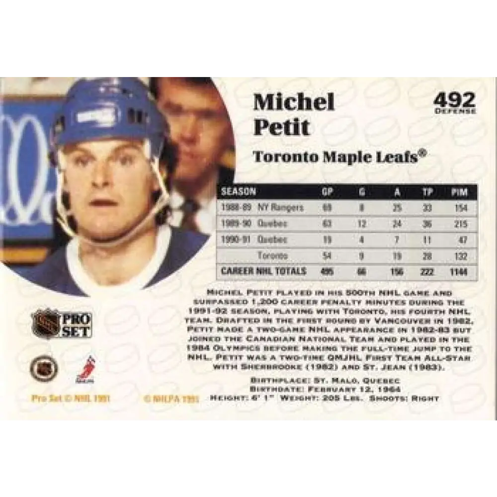 1991-92 Pro Set #492 Michel Petit NM-MT Toronto Maple Leafs Hockey Card Image 2