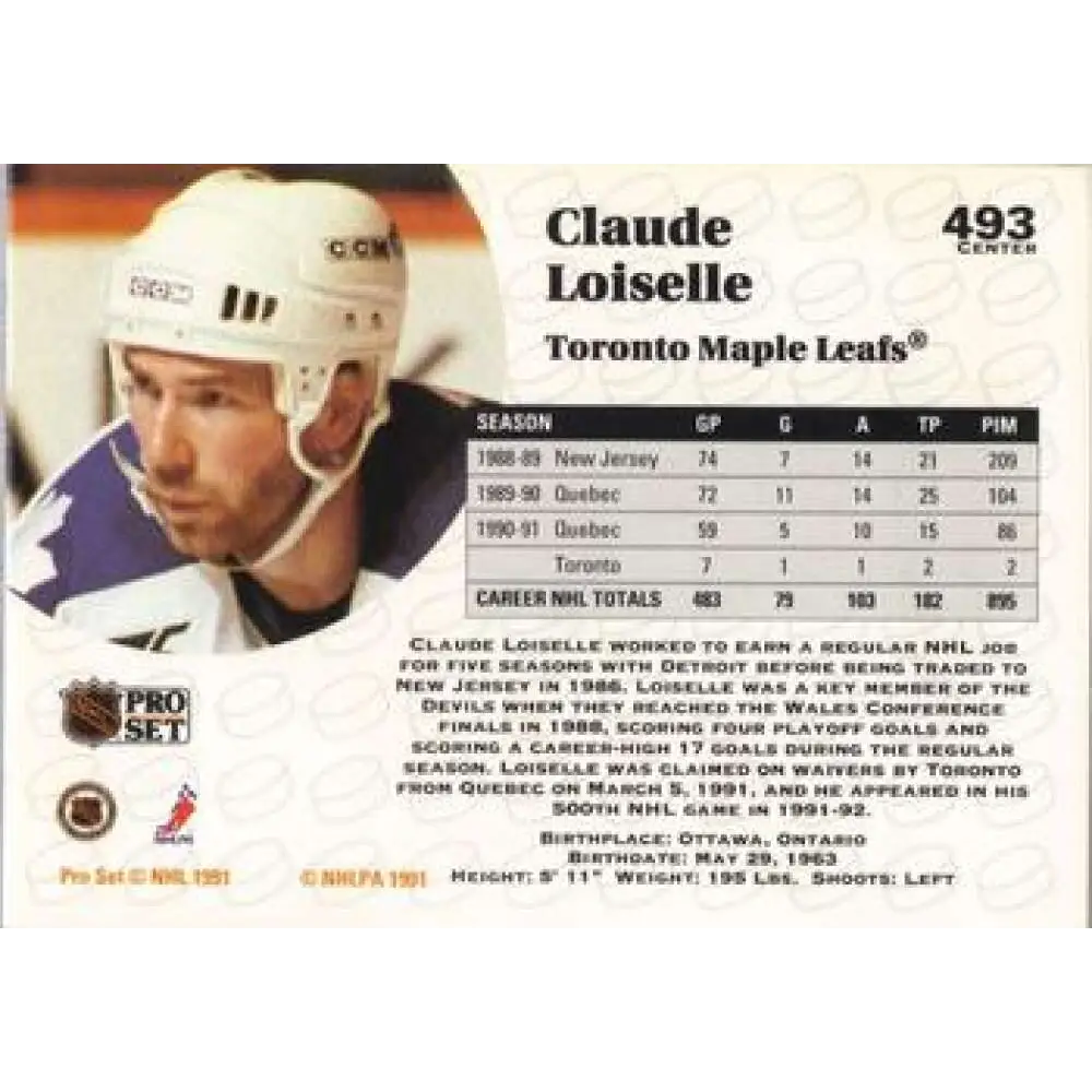 1991-92 Pro Set #493 Claude Loiselle NM-MT Toronto Maple Leafs Hockey Card Image 2