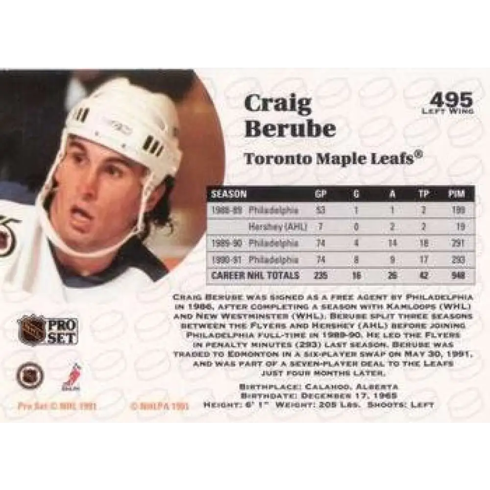 1991-92 Pro Set #495 Craig Berube NM-MT Toronto Maple Leafs Hockey Card Image 2