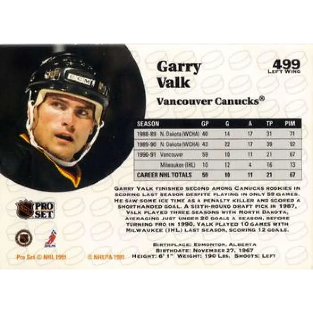 1991-92 Pro Set #499 Garry Valk NM-MT Vancouver Canucks Hockey Card Image 2