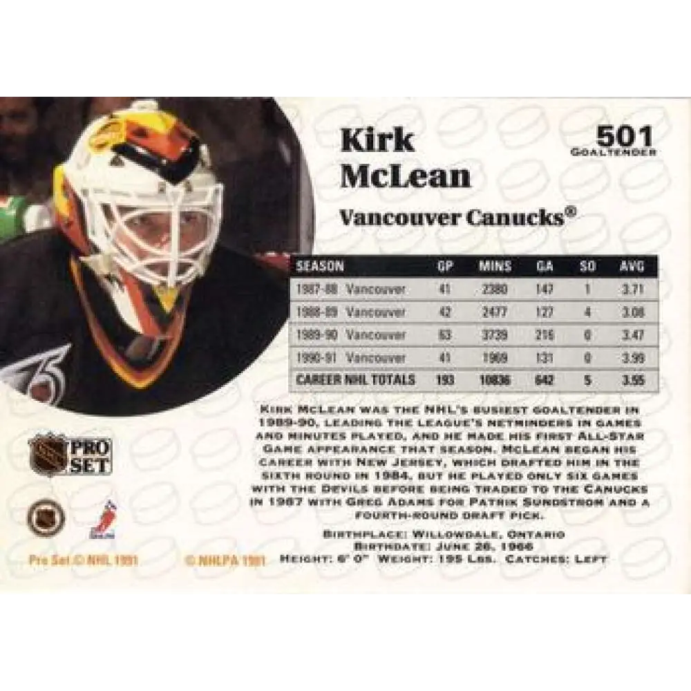1991-92 Pro Set #501 Kirk McLean NM-MT Vancouver Canucks Hockey Card Image 2
