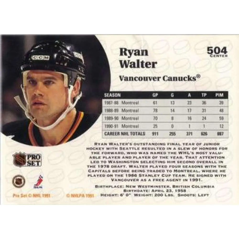 1991-92 Pro Set #504 Ryan Walter NM-MT Vancouver Canucks Hockey Card Image 2