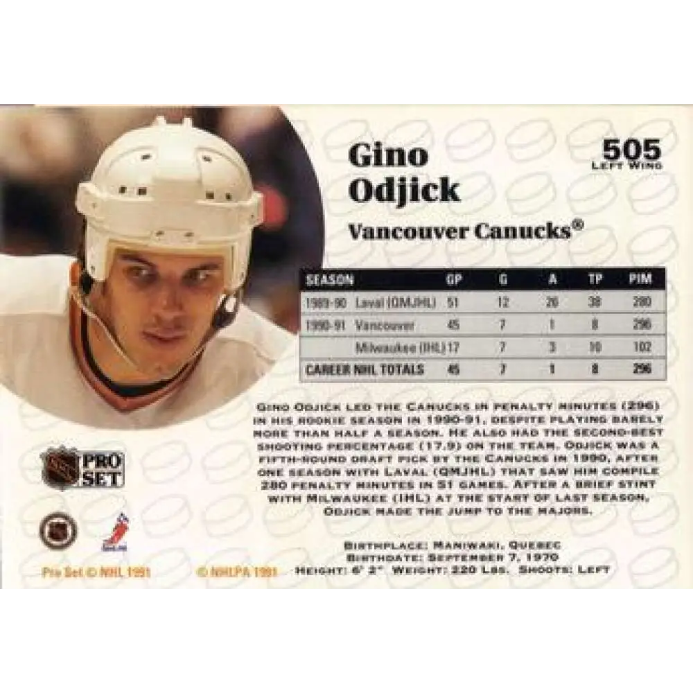 1991-92 Pro Set #505 Gino Odjick NM-MT Vancouver Canucks Hockey Card Image 2