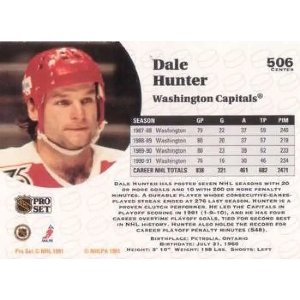 1991-92 Pro Set #506 Dale Hunter NM-MT Washington Capitals Hockey Card Image 2