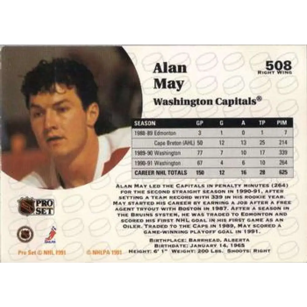 1991-92 Pro Set #508 Alan May NM-MT Washington Capitals Hockey Card Image 2