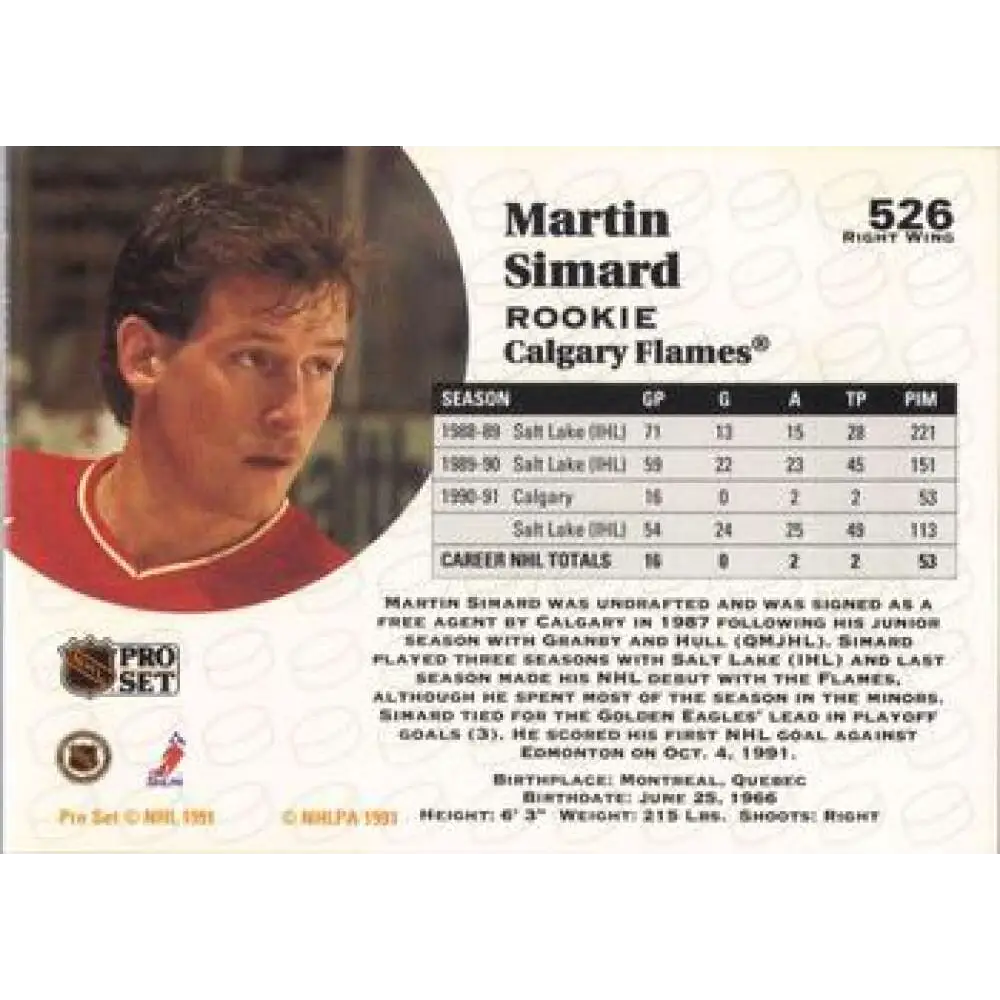 1991-92 Pro Set #526 Martin Simard NM-MT Calgary Flames Hockey Card Image 2